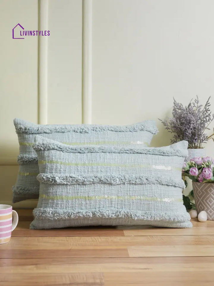 Eyda Set Of 2 Sky Blue Color Cotton Cushion Cover-12X20 Inch