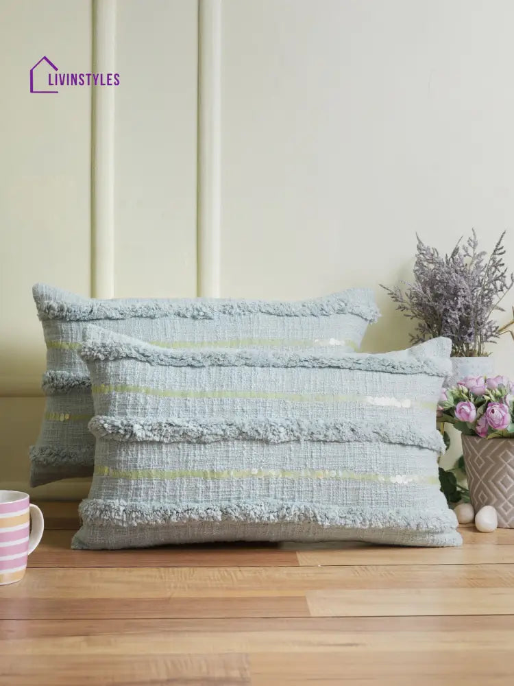 Eyda Set Of 2 Sky Blue Color Cotton Cushion Cover-12X20 Inch