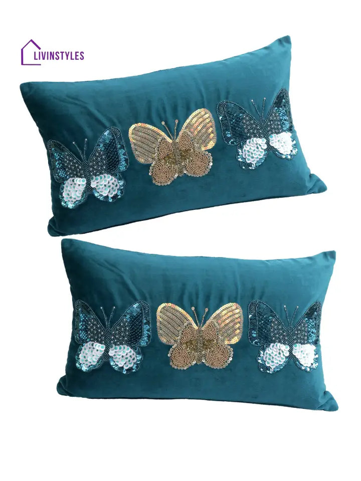 Eyda Set Of 2 Velvet Blue Emroidered Cushion Cover 12X20 Inch
