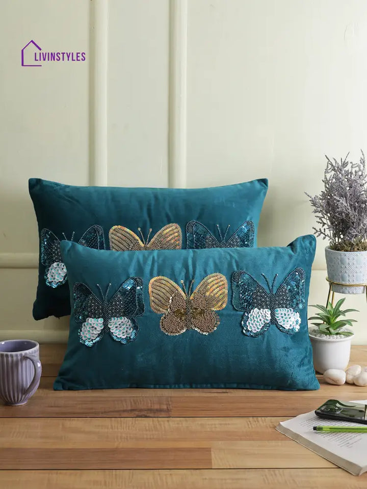 Eyda Set Of 2 Velvet Blue Emroidered Cushion Cover 12X20 Inch