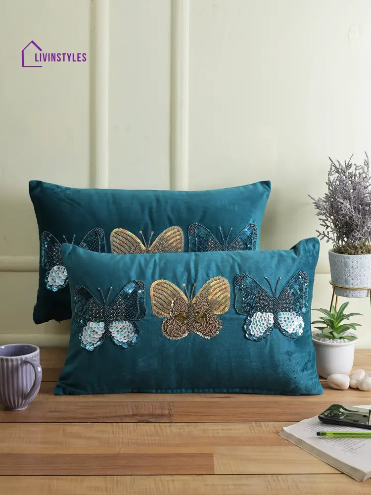 Eyda Set Of 2 Velvet Blue Emroidered Cushion Cover 12X20 Inch