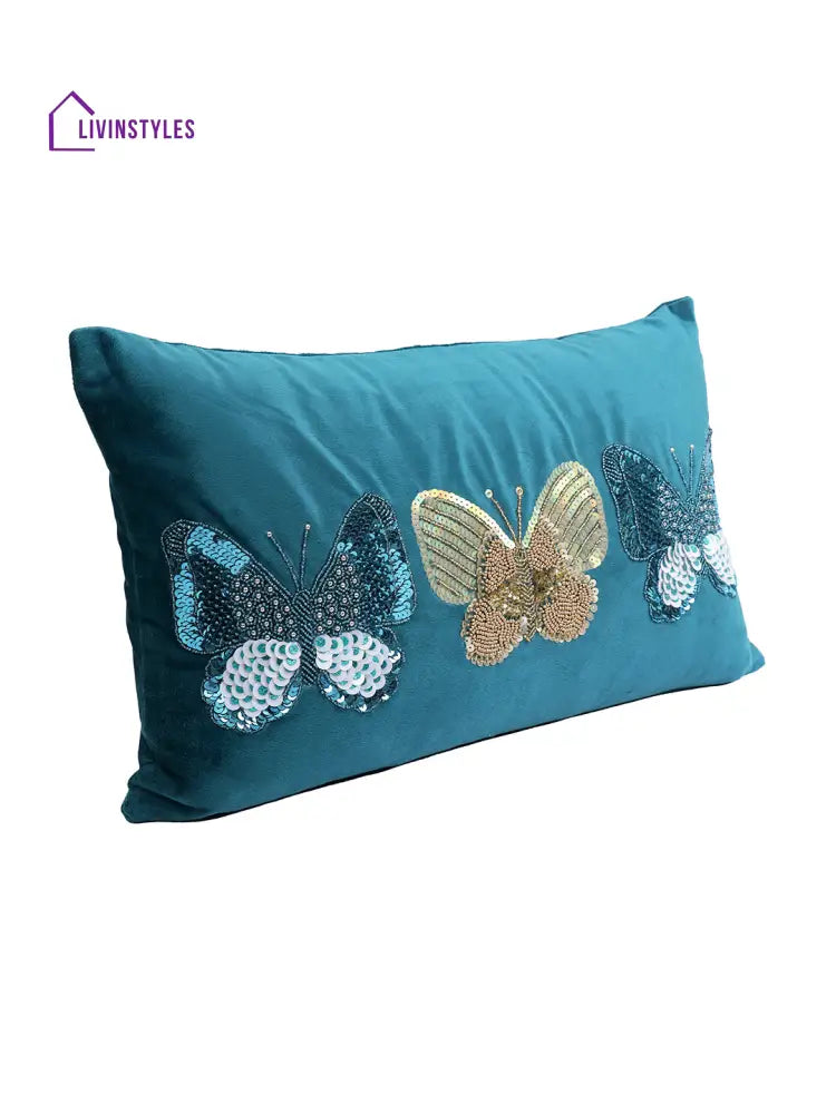 Eyda Set Of 2 Velvet Blue Emroidered Cushion Cover 12X20 Inch