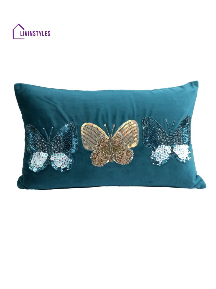Eyda Set Of 2 Velvet Blue Emroidered Cushion Cover 12X20 Inch