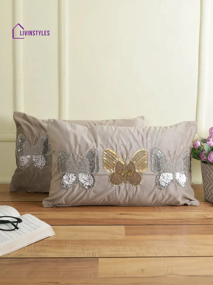 Eyda Set Of 2 Velvet Grey Emroidered Cushion Cover 12X20 Inch