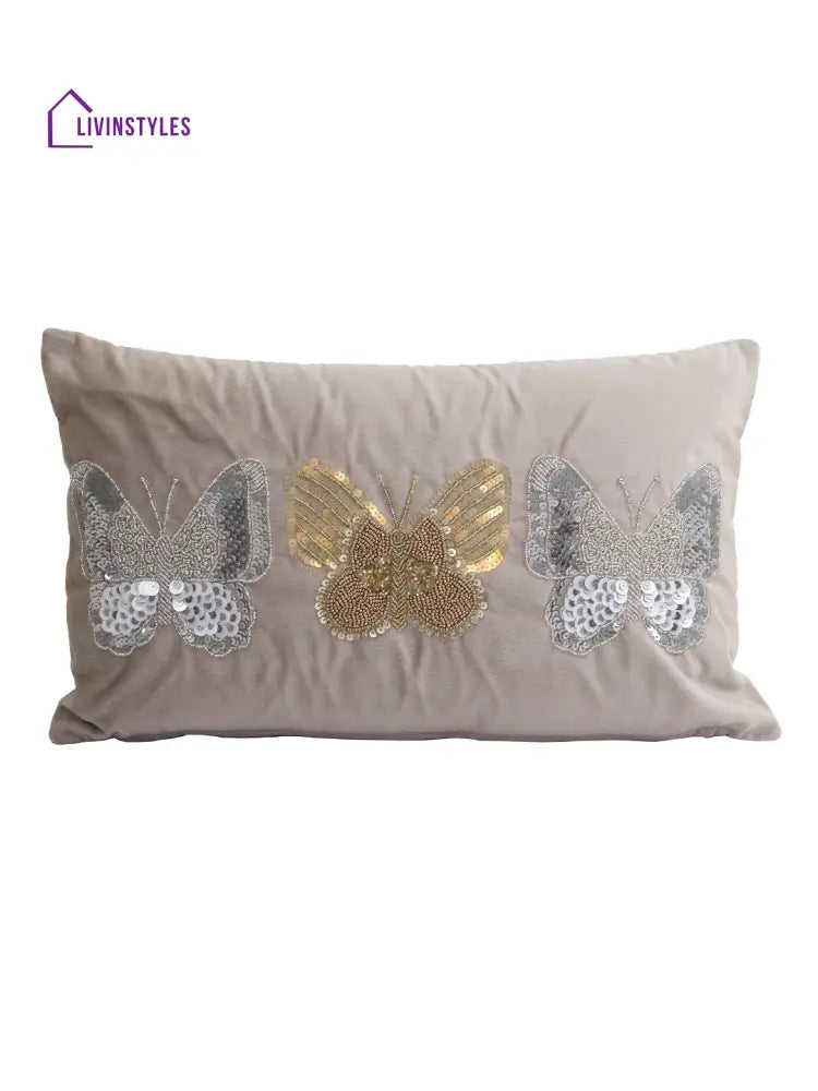 Eyda Set Of 2 Velvet Grey Emroidered Cushion Cover 12X20 Inch