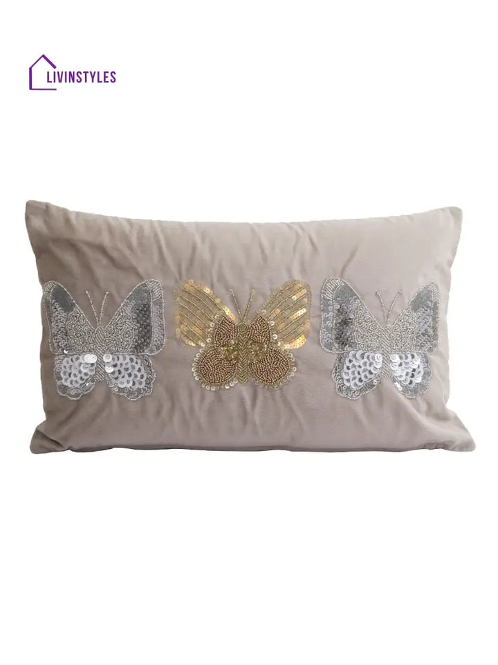 Eyda Set Of 2 Velvet Grey Emroidered Cushion Cover 12X20 Inch