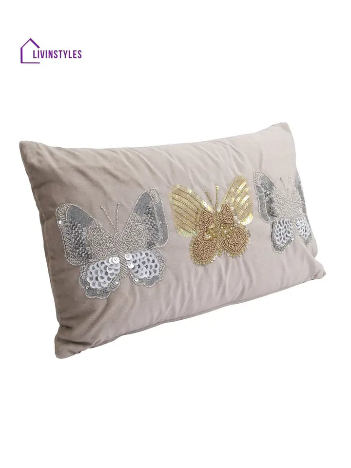 Eyda Set Of 2 Velvet Grey Emroidered Cushion Cover 12X20 Inch