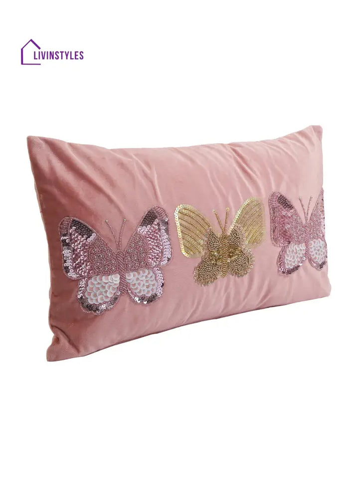Eyda Set Of 2 Velvet Pink Emroidered Cushion Cover 12X20 Inch
