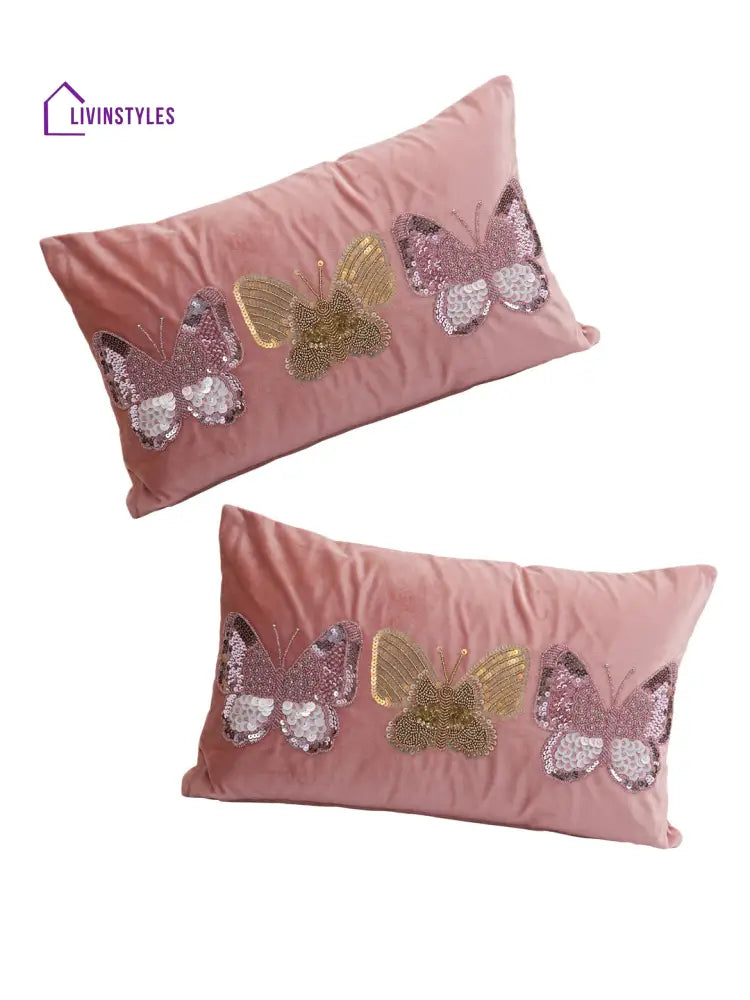 Eyda Set Of 2 Velvet Pink Emroidered Cushion Cover 12X20 Inch