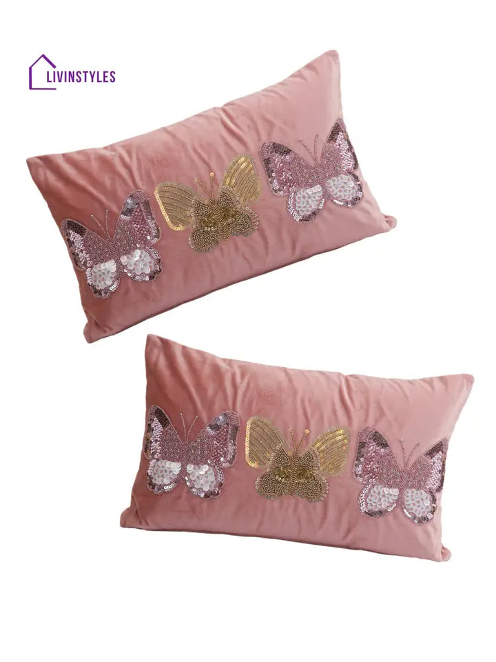 Eyda Set Of 2 Velvet Pink Emroidered Cushion Cover 12X20 Inch