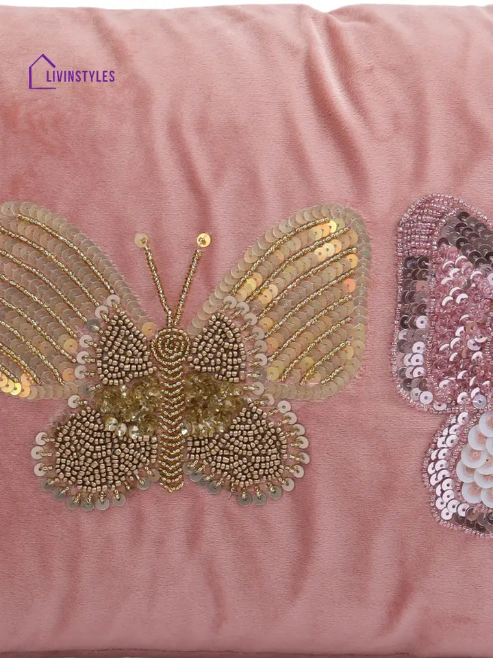 Eyda Set Of 2 Velvet Pink Emroidered Cushion Cover 12X20 Inch