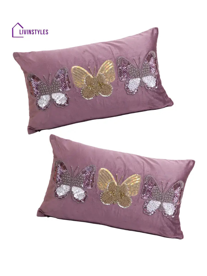 Eyda Set Of 2 Velvet Purple Emroidered Cushion Cover 12X20 Inch