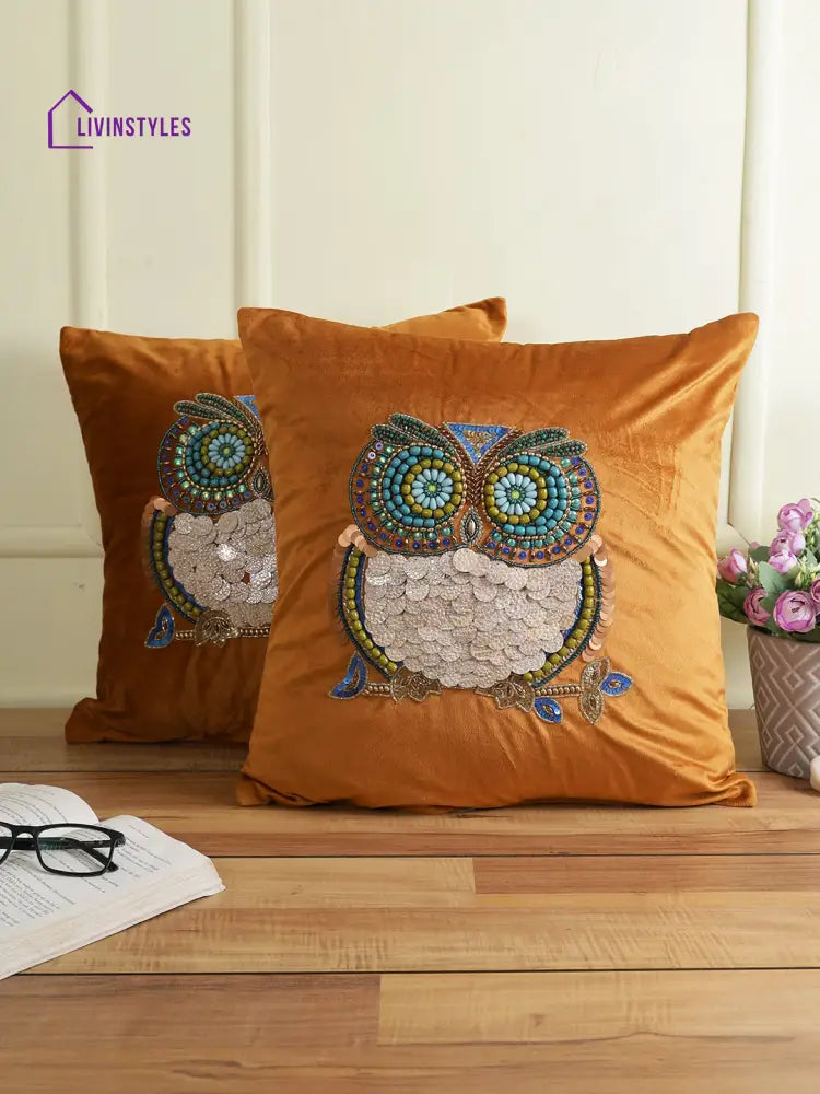 Eyda Set Of 2 Velvet Rust Emroidered Cushion Cover 18X18 Inch