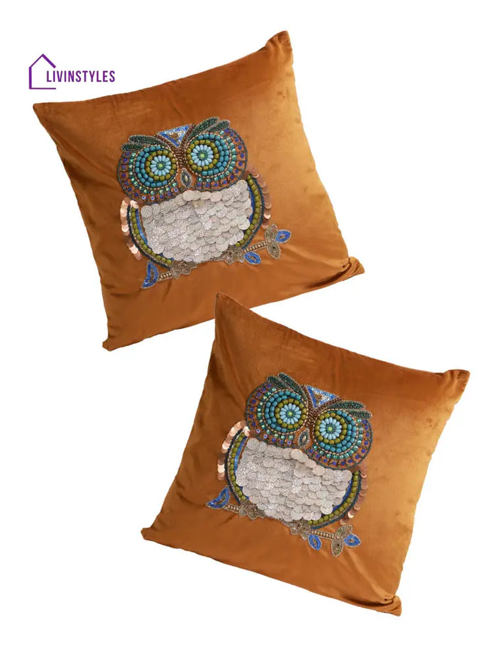Eyda Set Of 2 Velvet Rust Emroidered Cushion Cover 18X18 Inch