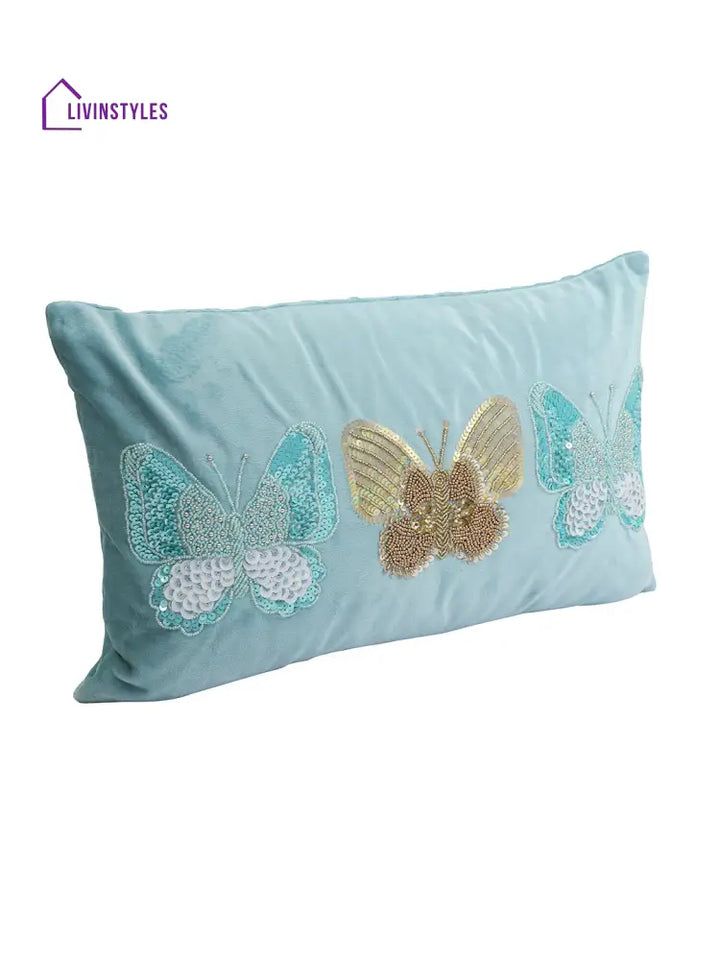 Eyda Set Of 2 Velvet Turquoise Emroidered Cushion Cover 12X20 Inch