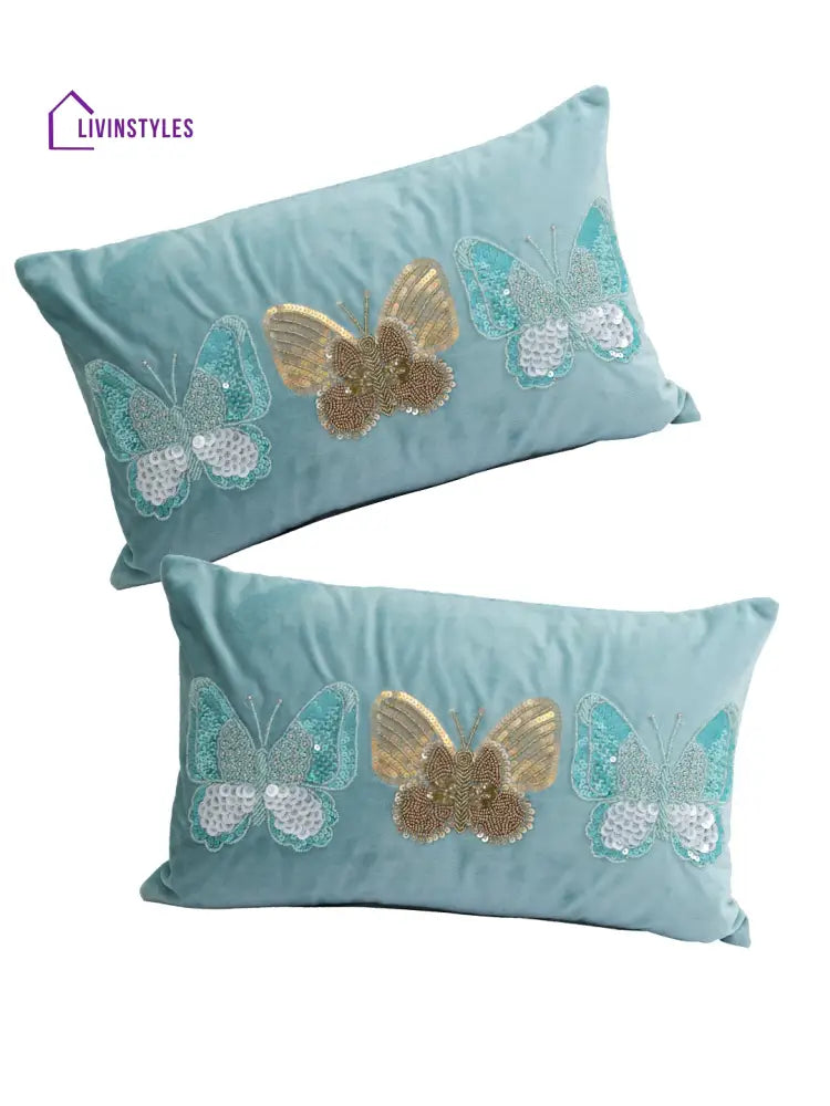 Eyda Set Of 2 Velvet Turquoise Emroidered Cushion Cover 12X20 Inch