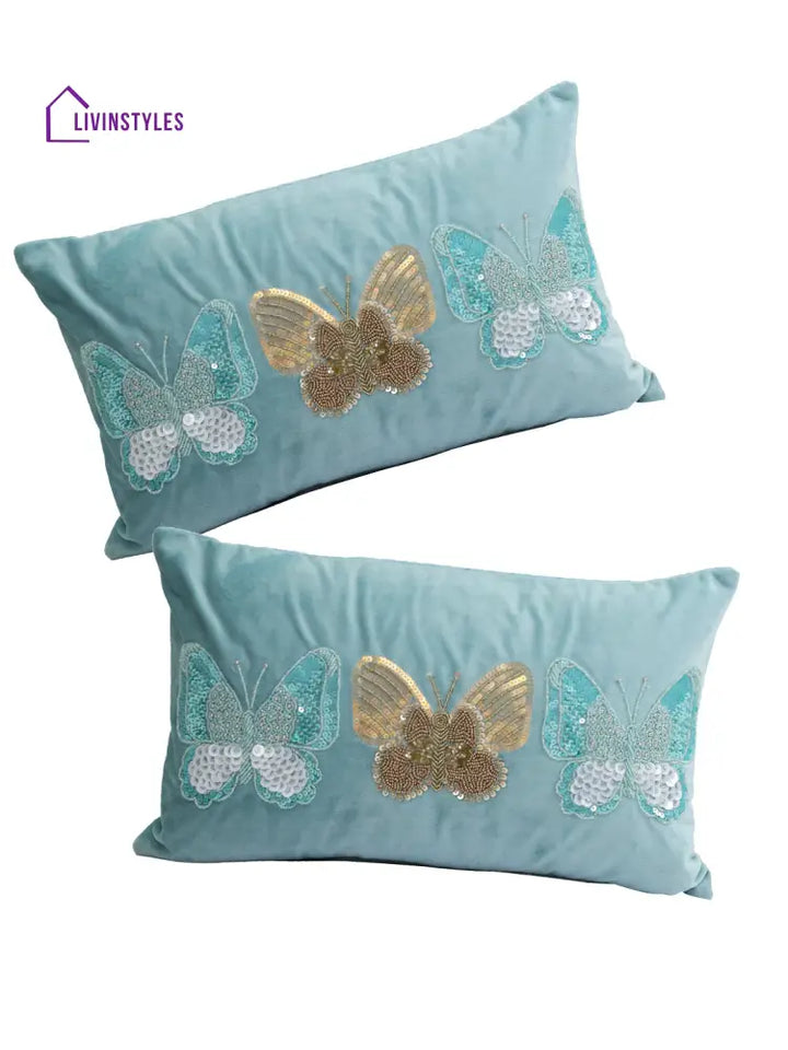 Eyda Set Of 2 Velvet Turquoise Emroidered Cushion Cover 12X20 Inch