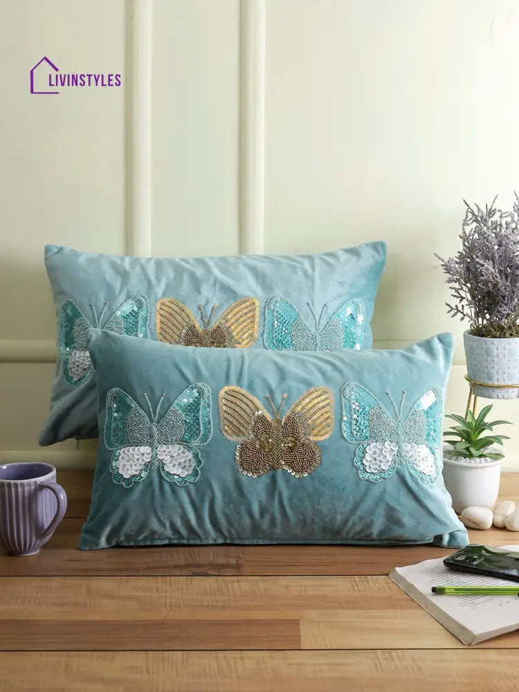 Eyda Set Of 2 Velvet Turquoise Emroidered Cushion Cover 12X20 Inch