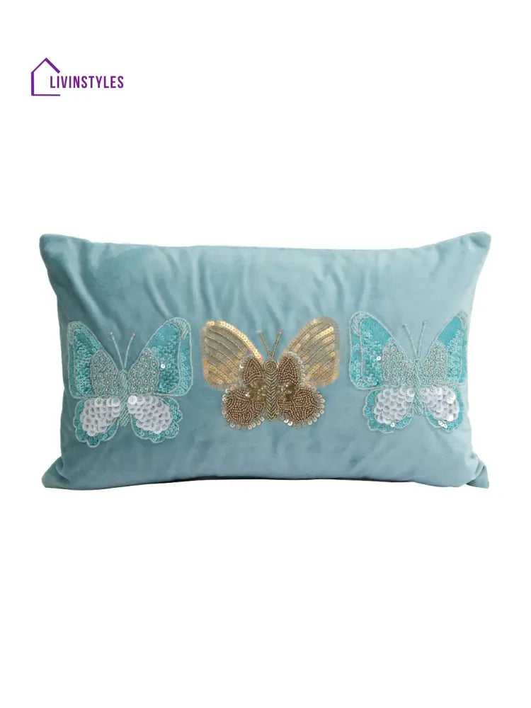 Eyda Set Of 2 Velvet Turquoise Emroidered Cushion Cover 12X20 Inch