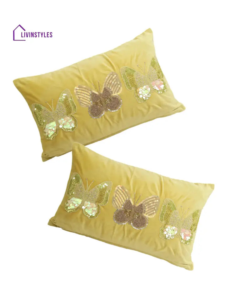 Eyda Set Of 2 Velvet Yellow Emroidered Cushion Cover 12X20 Inch