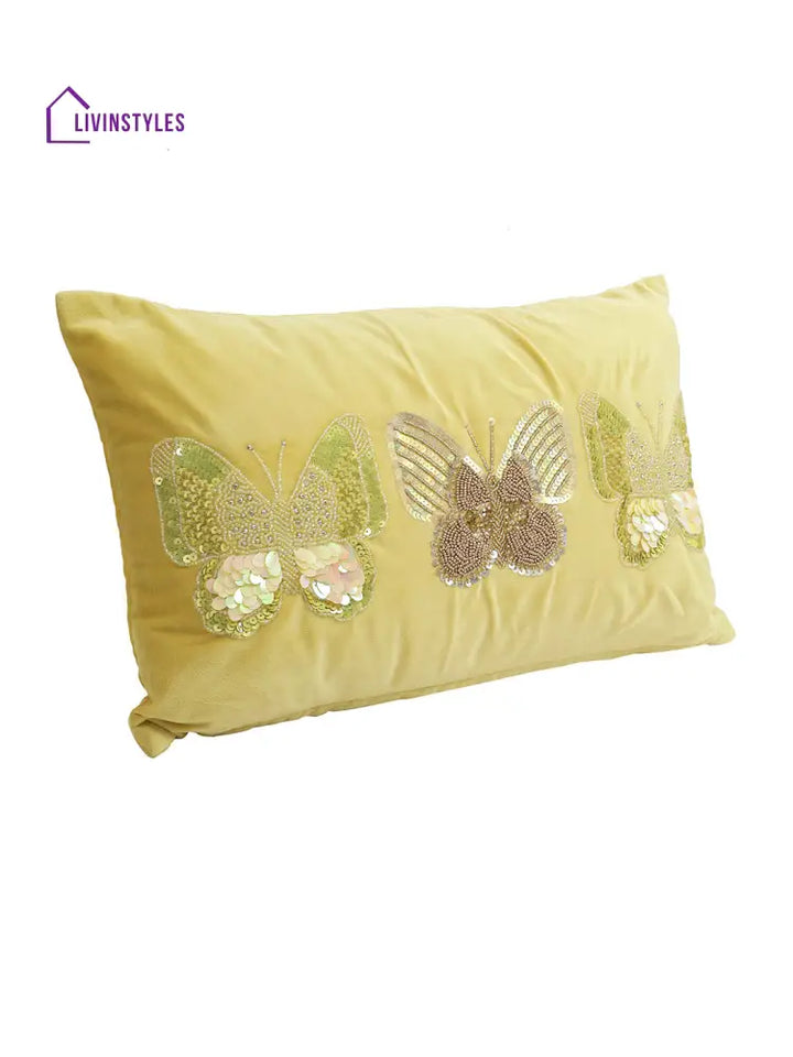 Eyda Set Of 2 Velvet Yellow Emroidered Cushion Cover 12X20 Inch