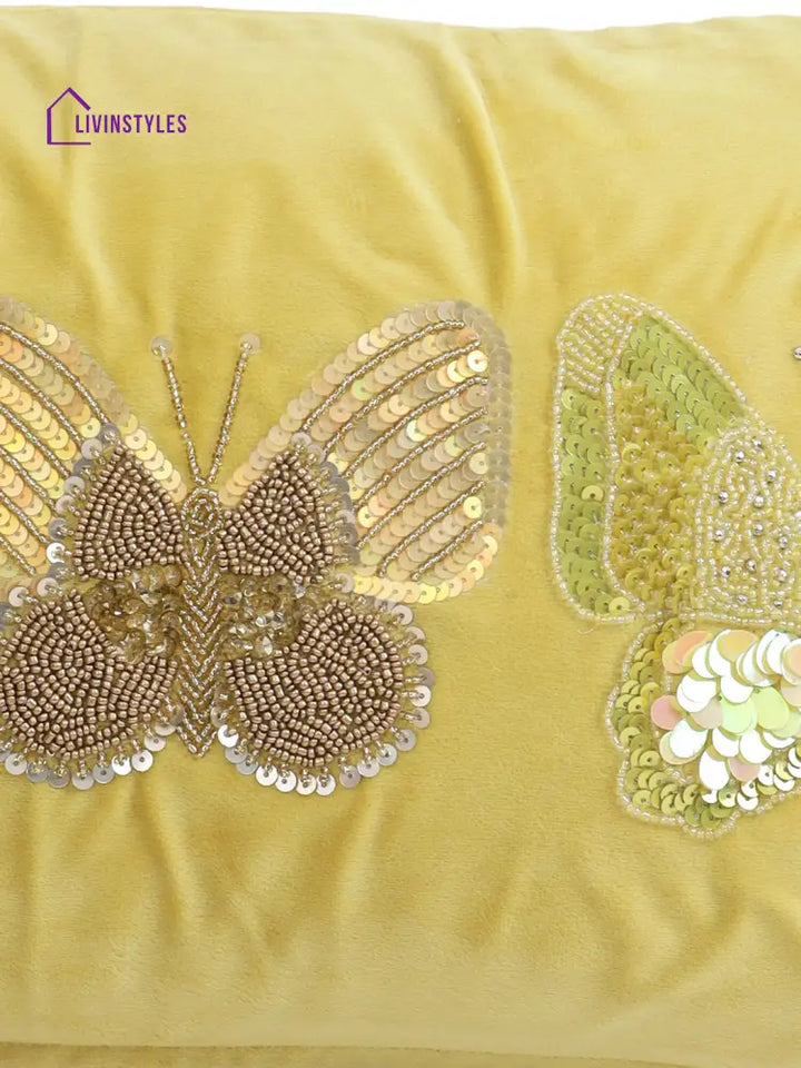 Eyda Set Of 2 Velvet Yellow Emroidered Cushion Cover 12X20 Inch