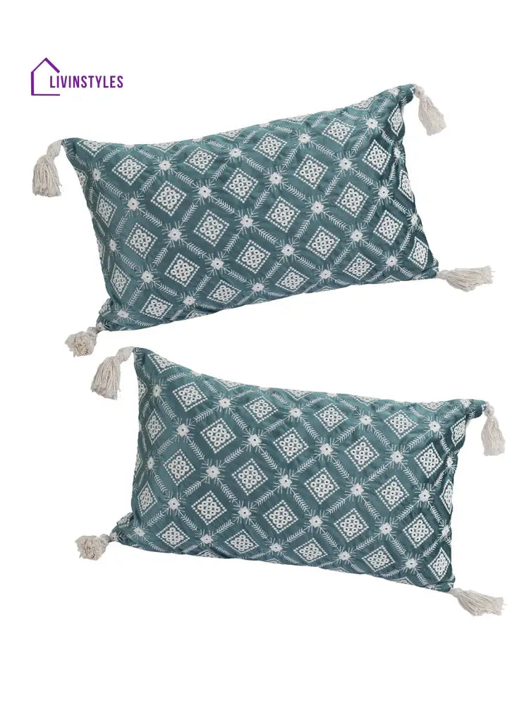 Eyda Super Soft Green Color Set Of 2 Embroidered Cushion Cover-12X20 Inch