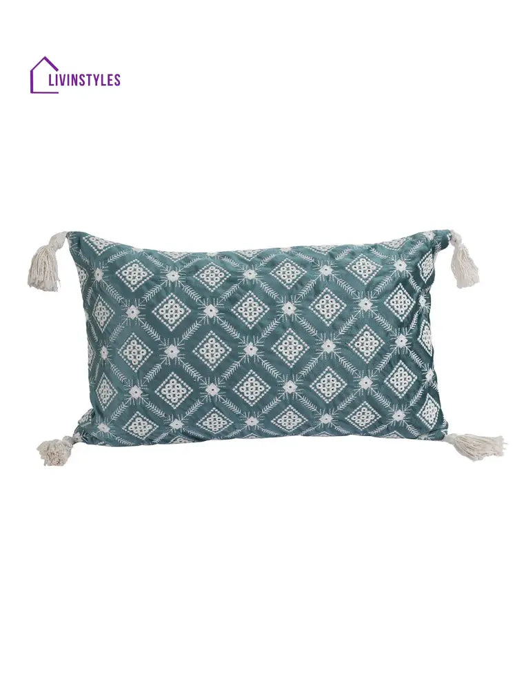 Eyda Super Soft Green Color Set Of 2 Embroidered Cushion Cover-12X20 Inch