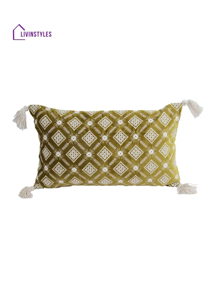 Eyda Super Soft Green Color Set Of 2 Embroidered Cushion Cover-12X20 Inch
