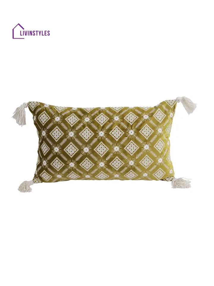 Eyda Super Soft Green Color Set Of 2 Embroidered Cushion Cover-12X20 Inch
