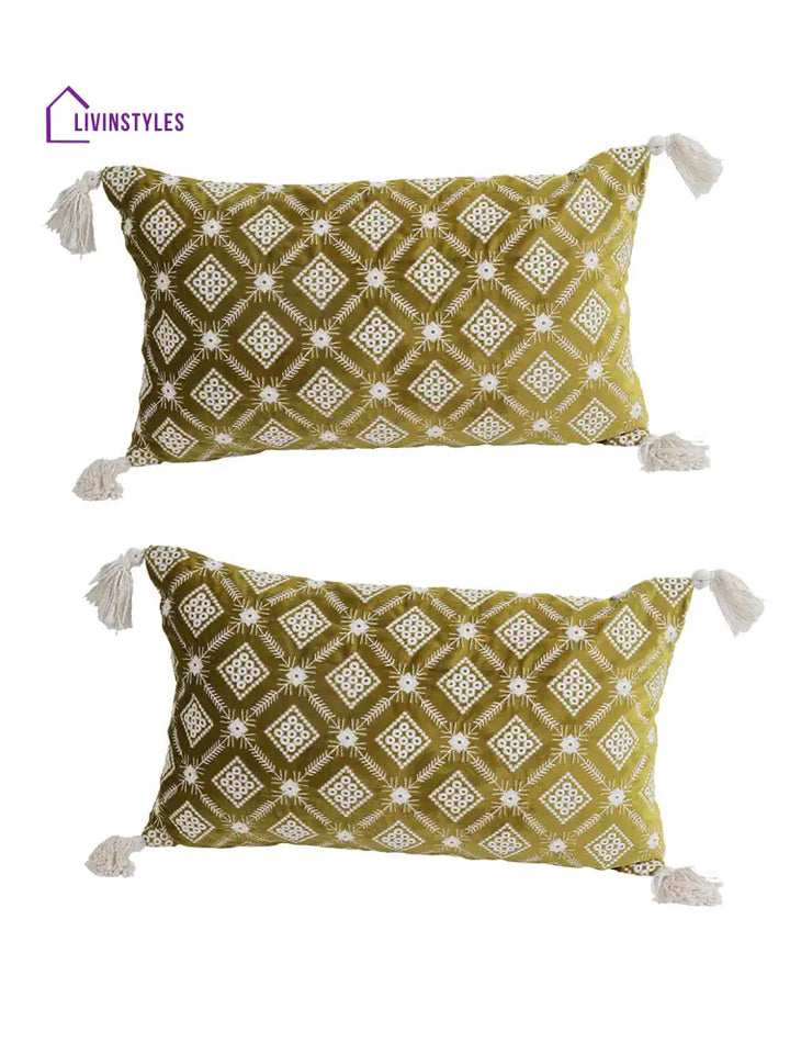 Eyda Super Soft Green Color Set Of 2 Embroidered Cushion Cover-12X20 Inch
