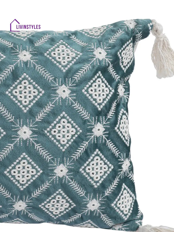 Eyda Super Soft Green Color Set Of 2 Embroidered Cushion Cover-12X20 Inch