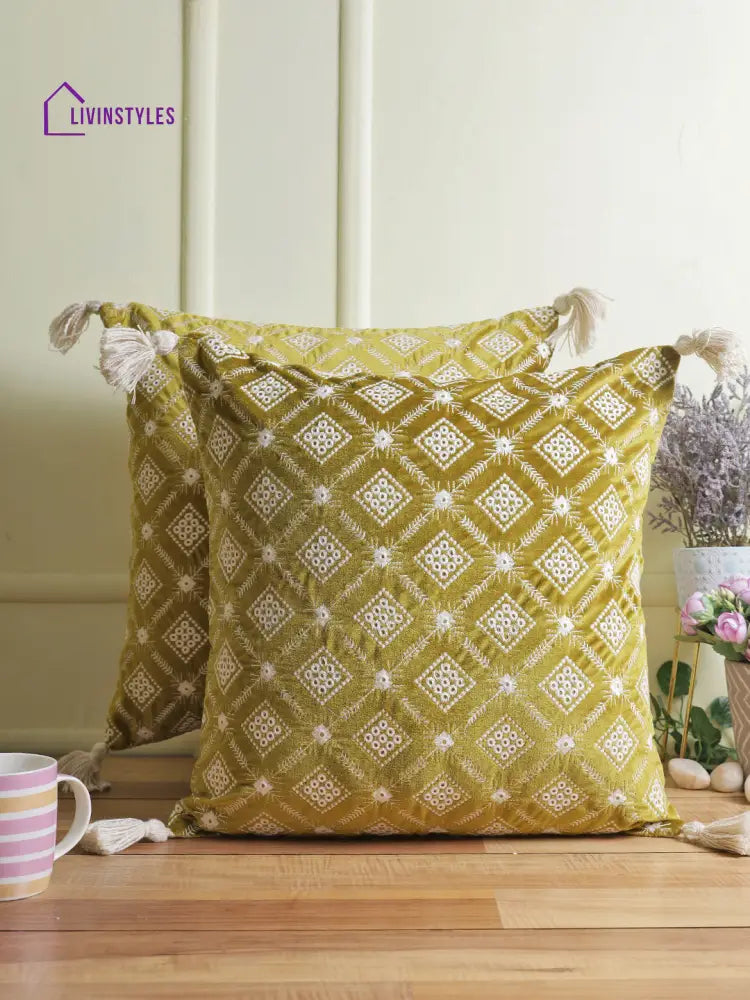 Eyda Super Soft Green Color Set Of 2 Embroidered Cushion Cover-18X18 Inch