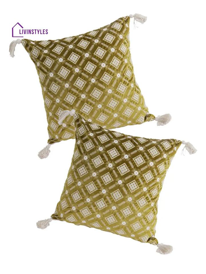 Eyda Super Soft Green Color Set Of 2 Embroidered Cushion Cover-18X18 Inch