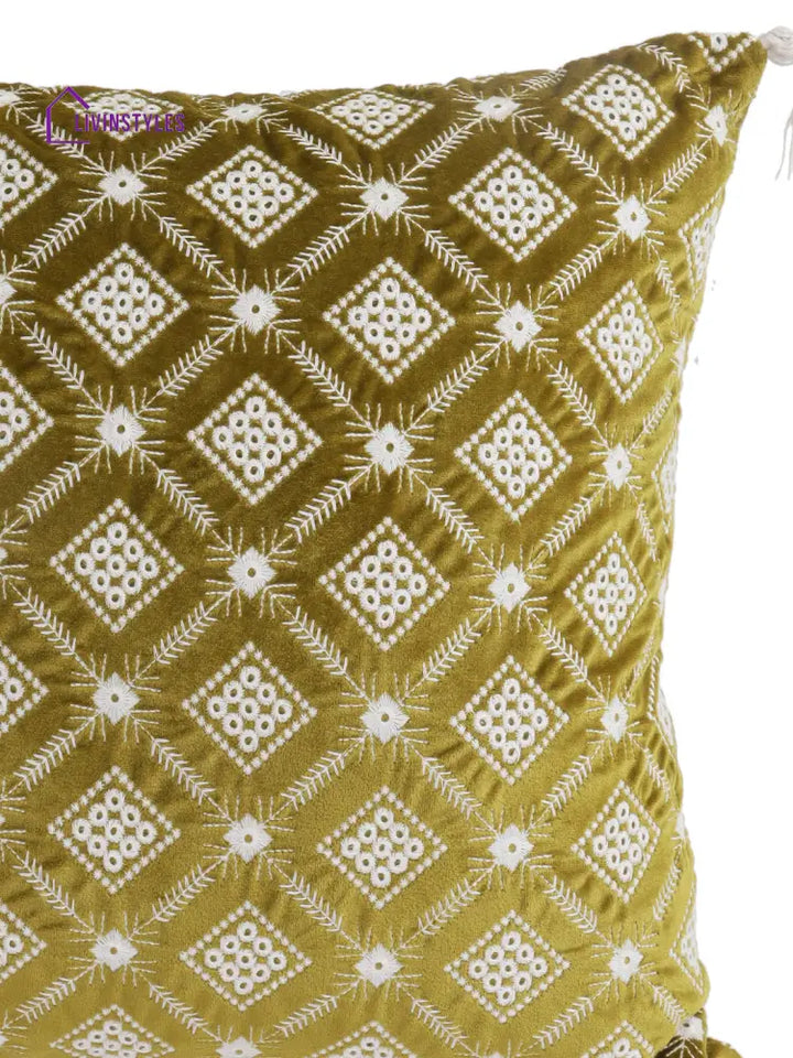 Eyda Super Soft Green Color Set Of 2 Embroidered Cushion Cover-18X18 Inch