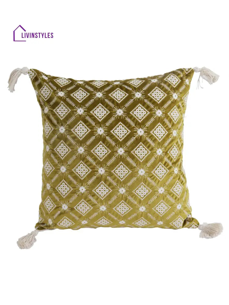 Eyda Super Soft Green Color Set Of 2 Embroidered Cushion Cover-18X18 Inch