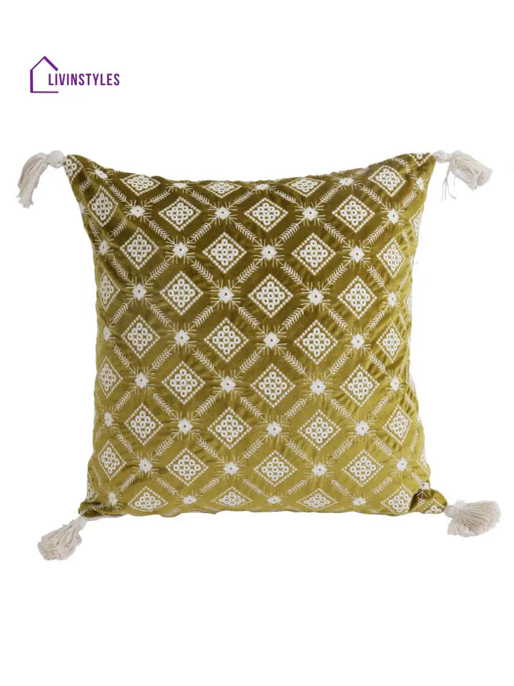 Eyda Super Soft Green Color Set Of 2 Embroidered Cushion Cover-18X18 Inch