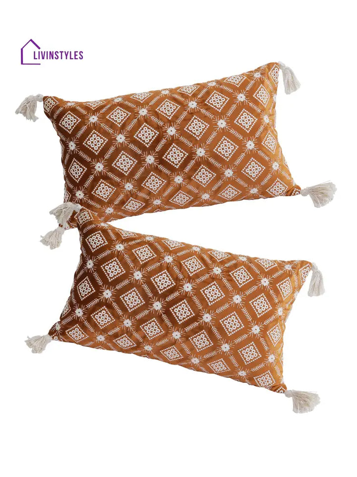 Eyda Super Soft Rust Color Set Of 2 Embroidered Cushion Cover-12X20 Inch