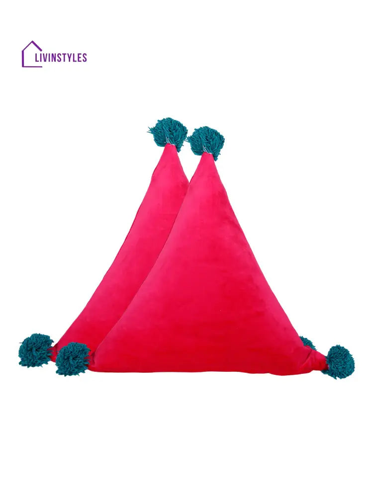 Eyda Super Soft Velvet Fuchsia Color Set Of 2 Triangle Filled Cushion-15X15X15 Inch