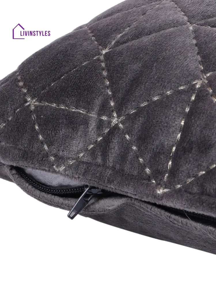 Eyda Super Soft Velvet Grey Color Set Of 2 Quilted Cushion Cover-12X20 Inch