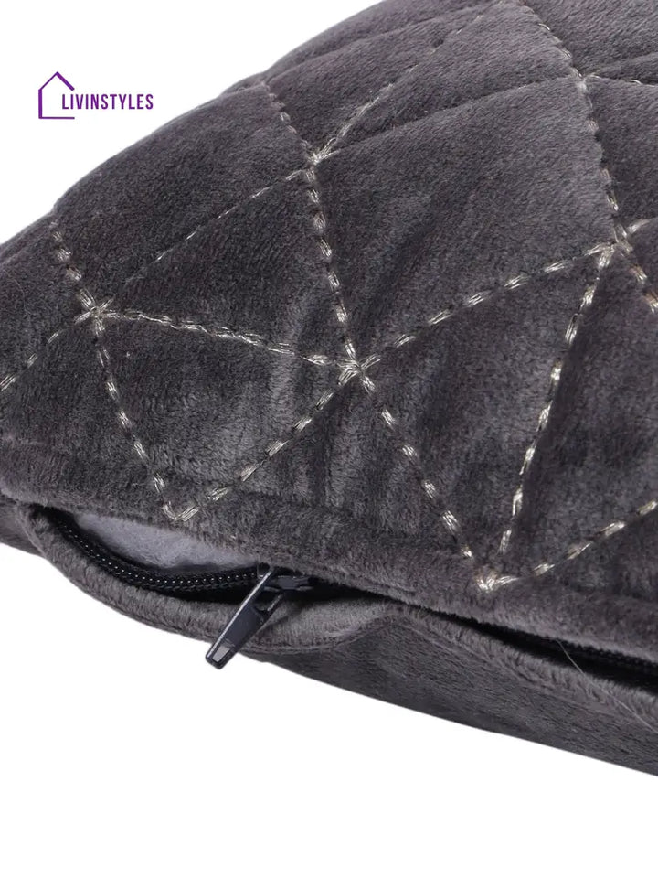Eyda Super Soft Velvet Grey Color Set Of 2 Quilted Cushion Cover-12X20 Inch