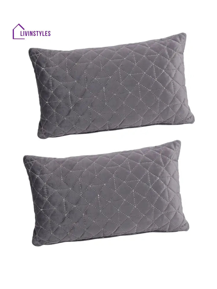 Eyda Super Soft Velvet Grey Color Set Of 2 Quilted Cushion Cover-12X20 Inch