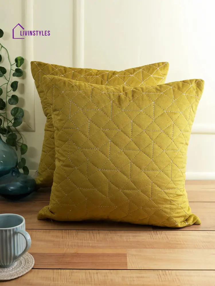 Eyda Super Soft Velvet Olive Color Set Of 2 Quilted Cushion Cover-18X18 Inch
