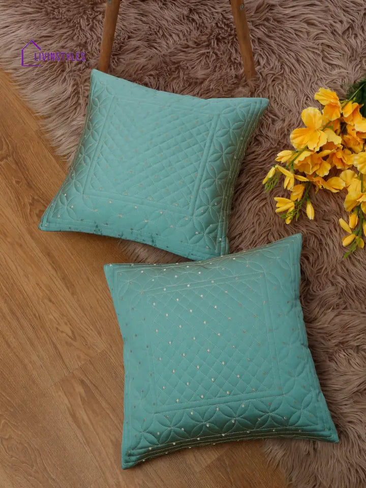 Eyda Turquoise Color Quilted Cushion Covers Set Of 2 - 16X16 Inch
