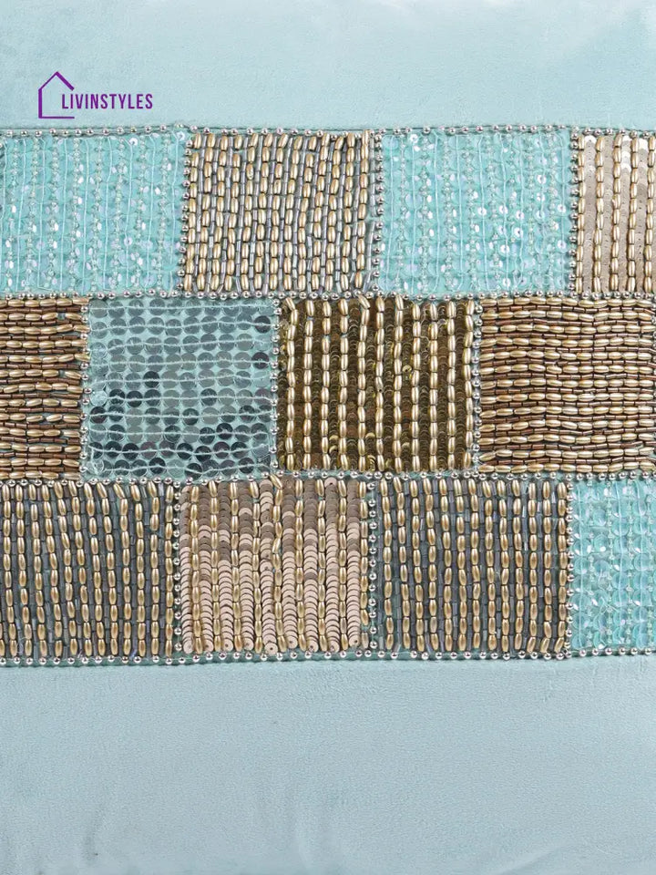 Eyda Velvet Aqua Color Beaded Cushion Cover Set Of 2-18X18 Inch