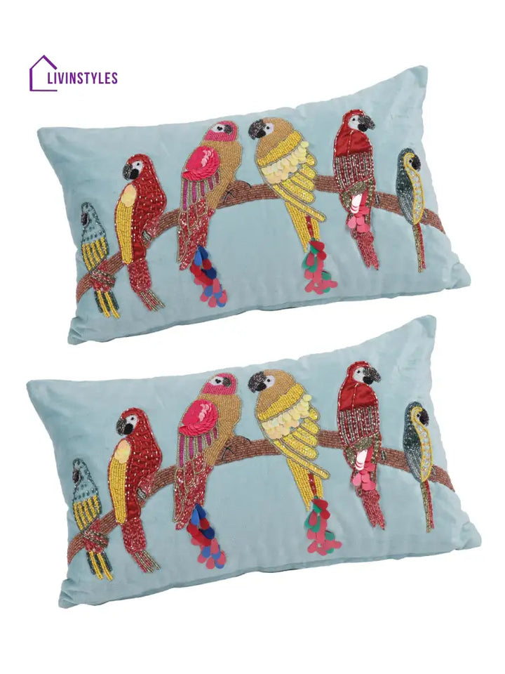 Eyda Velvet Aqua Color Beaded Sequin Cushion Cover Set Of 2-12X20 Inch