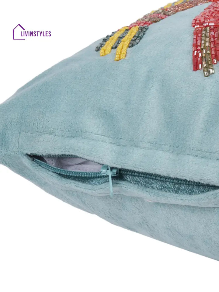 Eyda Velvet Aqua Color Beaded Sequin Cushion Cover Set Of 2-12X20 Inch