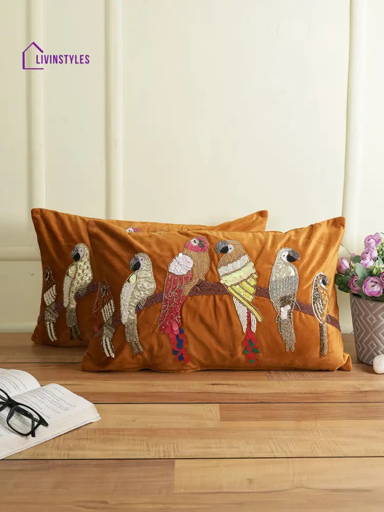 Eyda Velvet Copper Color Beaded Sequin Set Of 2 Cushion Cover-12X20 Inch