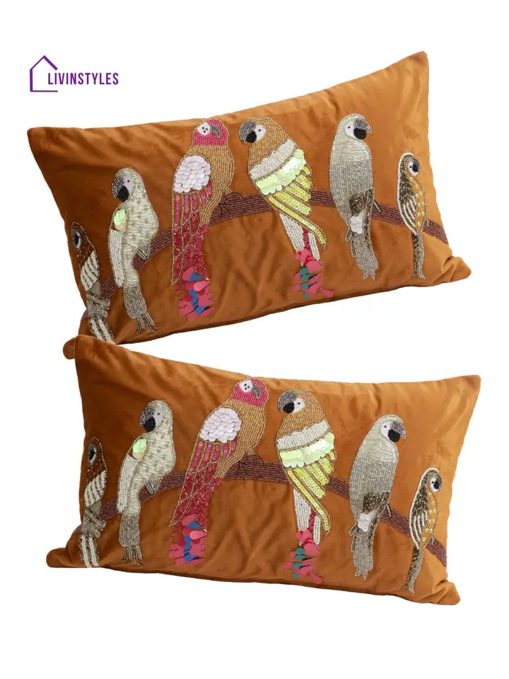 Eyda Velvet Copper Color Beaded Sequin Set Of 2 Cushion Cover-12X20 Inch