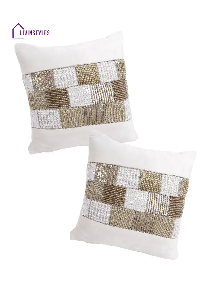 Eyda Velvet Ivory Color Beaded Cushion Cover Set Of 2-18X18 Inch